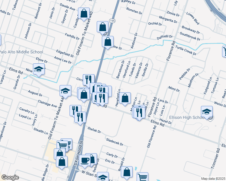 map of restaurants, bars, coffee shops, grocery stores, and more near 3707 Hereford Lane in Killeen
