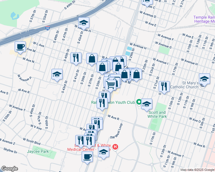 map of restaurants, bars, coffee shops, grocery stores, and more near 1325 South 33rd Street in Temple
