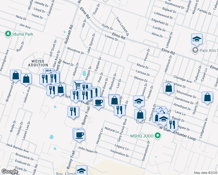 map of restaurants, bars, coffee shops, grocery stores, and more near 4413 Blueduck Drive in Killeen