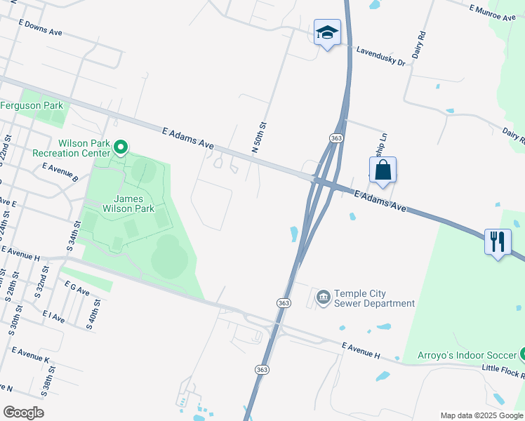 map of restaurants, bars, coffee shops, grocery stores, and more near 101 North 50th Street in Temple
