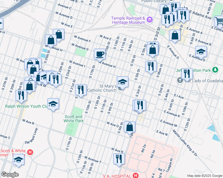 map of restaurants, bars, coffee shops, grocery stores, and more near 905 South 9th Street in Temple