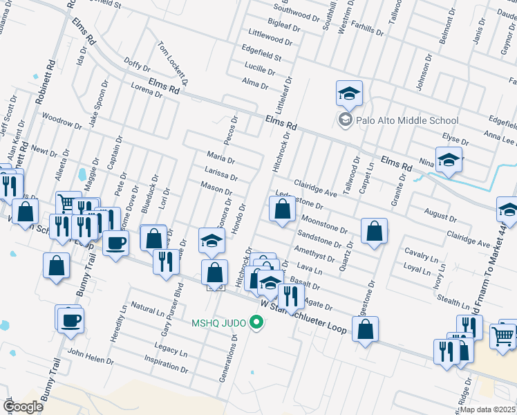 map of restaurants, bars, coffee shops, grocery stores, and more near 2410 Moonstone Drive in Killeen