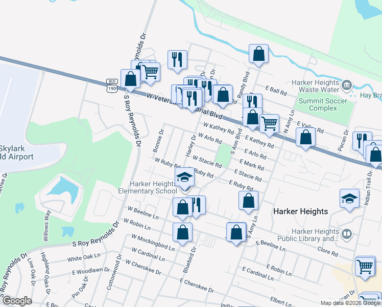 map of restaurants, bars, coffee shops, grocery stores, and more near 408 Harley Drive in Harker Heights