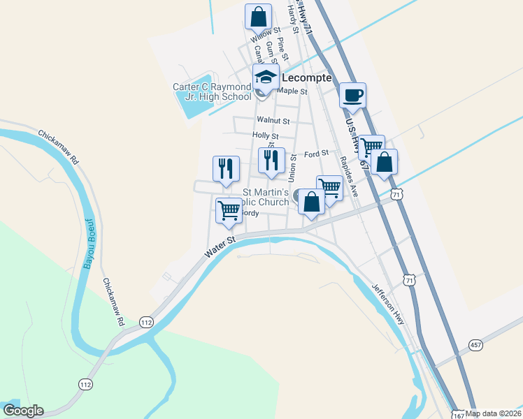 map of restaurants, bars, coffee shops, grocery stores, and more near 1606 Gordy in Lecompte