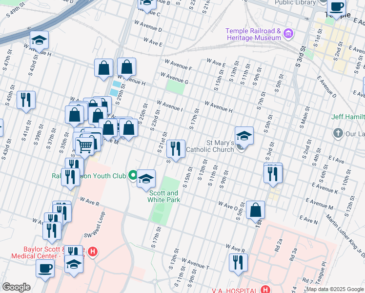 map of restaurants, bars, coffee shops, grocery stores, and more near 1118 South 17th Street in Temple