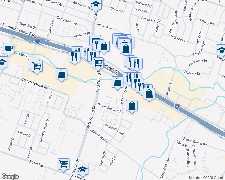 map of restaurants, bars, coffee shops, grocery stores, and more near 2500 East Central Texas Expressway in Killeen