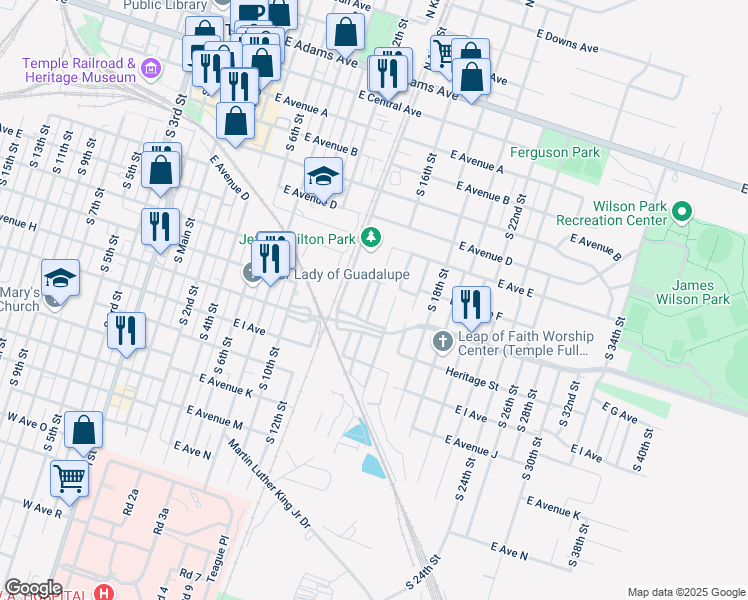 map of restaurants, bars, coffee shops, grocery stores, and more near 704 South Henderson Street in Temple
