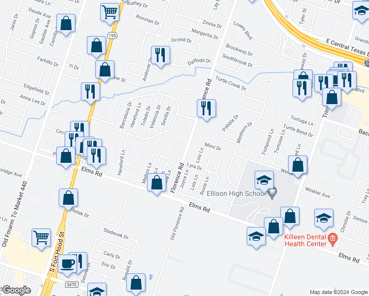 map of restaurants, bars, coffee shops, grocery stores, and more near 3502 Florence Road in Killeen