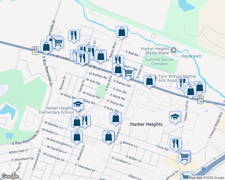 map of restaurants, bars, coffee shops, grocery stores, and more near 103 East Mark Road in Harker Heights