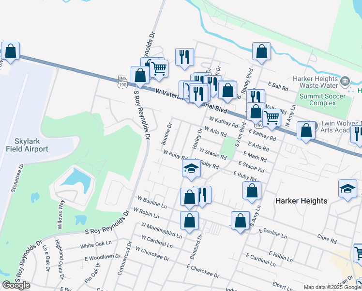map of restaurants, bars, coffee shops, grocery stores, and more near 505 South Juanita Drive in Harker Heights
