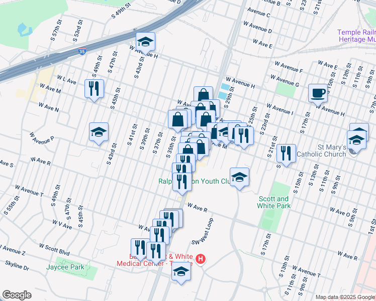 map of restaurants, bars, coffee shops, grocery stores, and more near 1325 South 33rd Street in Temple