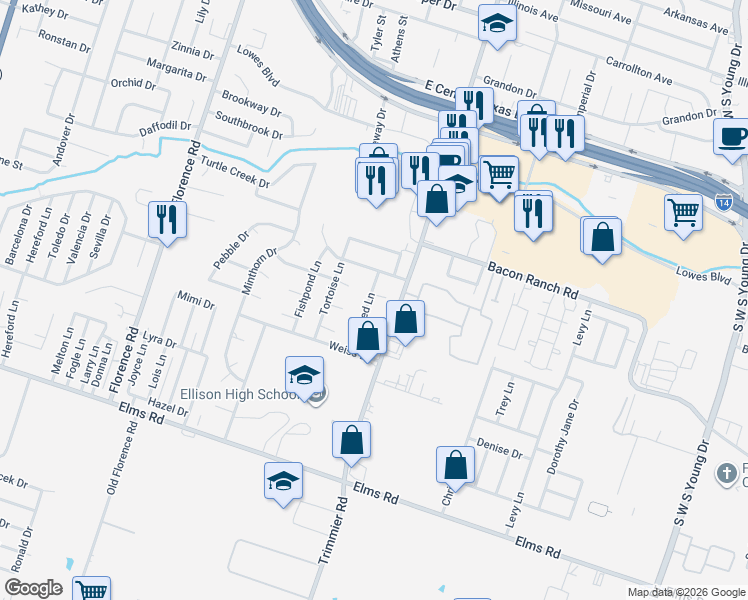 map of restaurants, bars, coffee shops, grocery stores, and more near 906 Mallow Circle in Killeen
