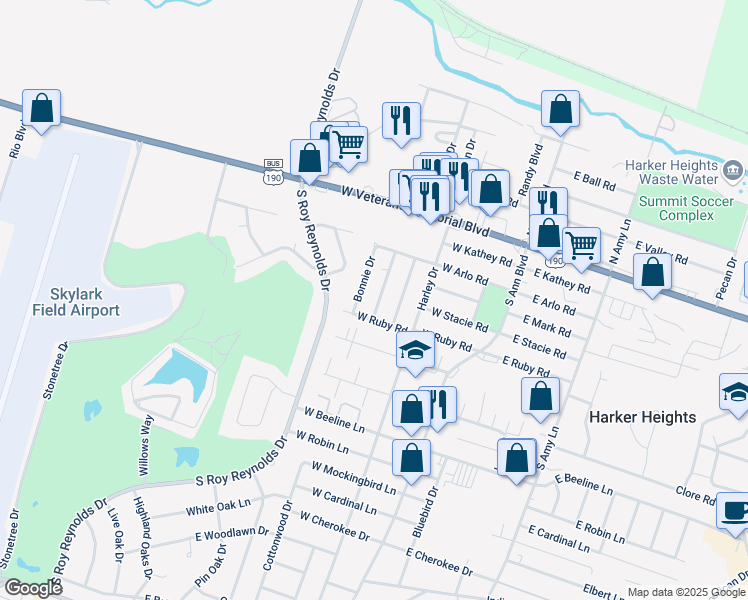 map of restaurants, bars, coffee shops, grocery stores, and more near 505 South Juanita Drive in Harker Heights