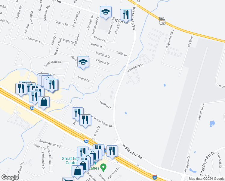 map of restaurants, bars, coffee shops, grocery stores, and more near 2109 Martin Luther King Junior Boulevard in Killeen