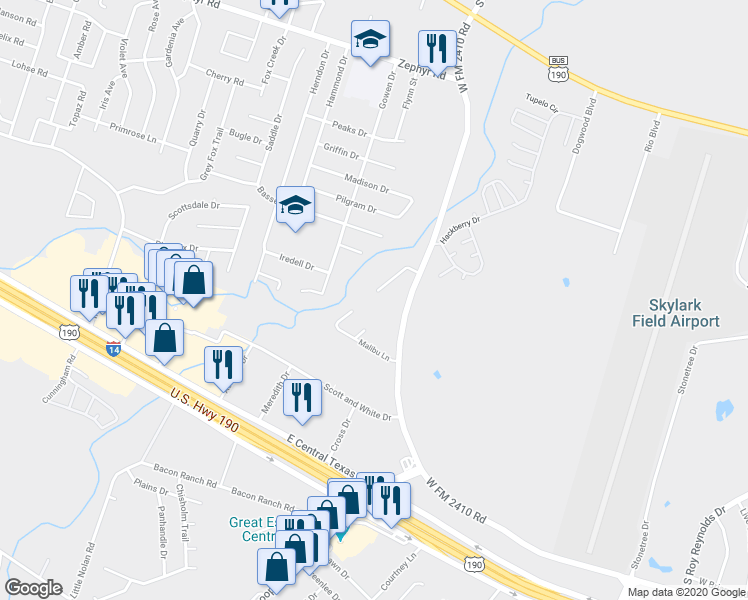 map of restaurants, bars, coffee shops, grocery stores, and more near 2109 Martin Luther King Junior Boulevard in Killeen