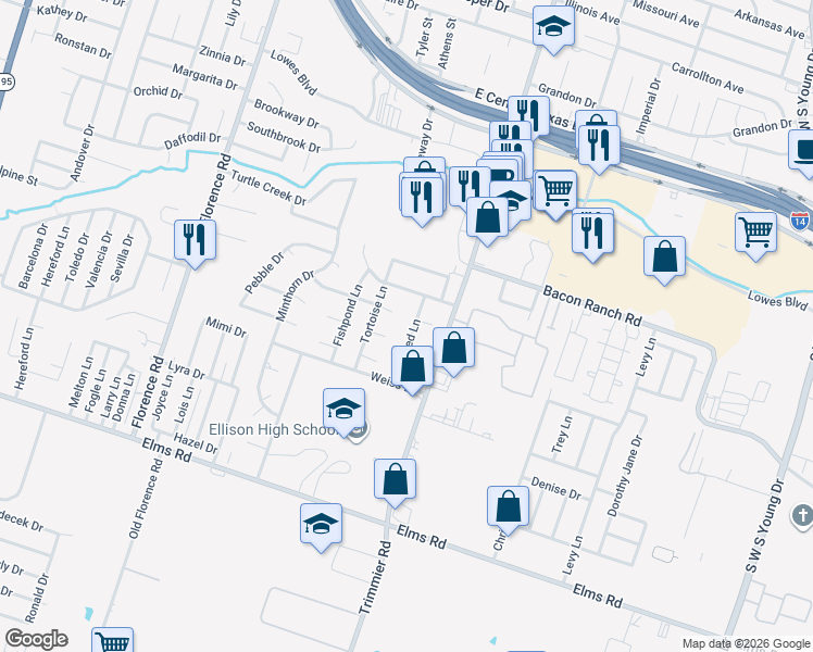 map of restaurants, bars, coffee shops, grocery stores, and more near 2803 Reed Lane in Killeen