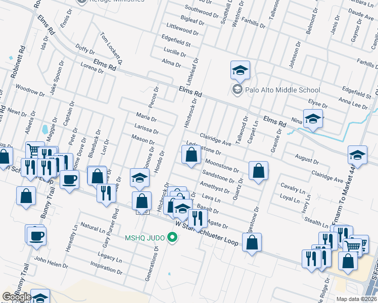 map of restaurants, bars, coffee shops, grocery stores, and more near 2307 Moonstone Drive in Killeen