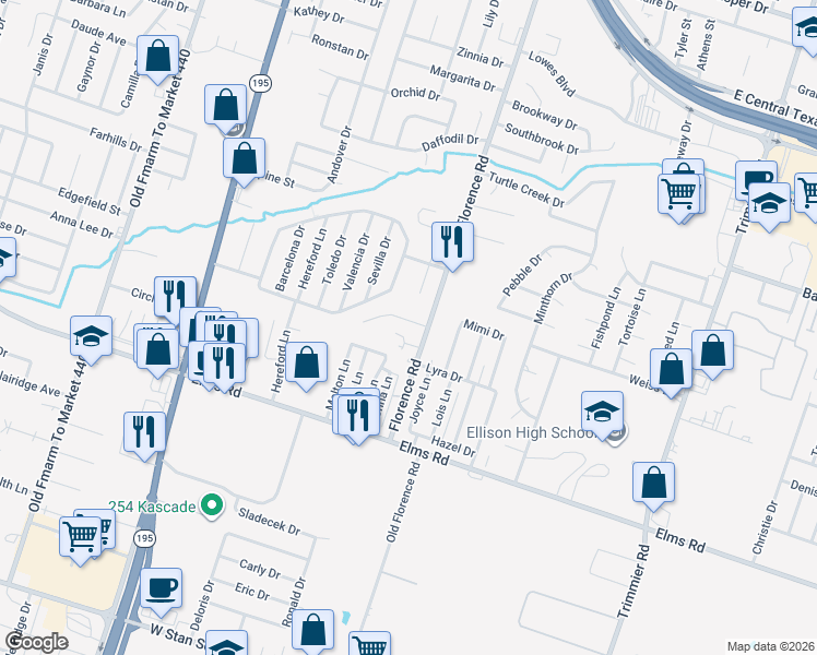 map of restaurants, bars, coffee shops, grocery stores, and more near 10 Peggy Lane in Killeen