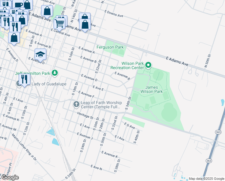 map of restaurants, bars, coffee shops, grocery stores, and more near 1509 East Avenue East in Temple