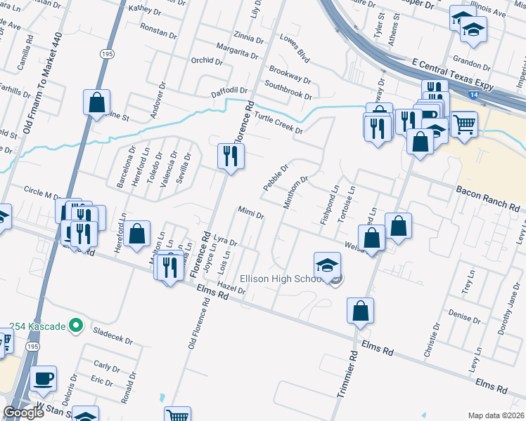map of restaurants, bars, coffee shops, grocery stores, and more near 139 Brenda Lane in Killeen