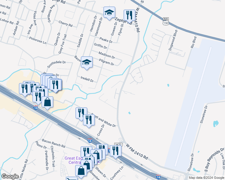 map of restaurants, bars, coffee shops, grocery stores, and more near 2109 Martin Luther King Junior Boulevard in Killeen