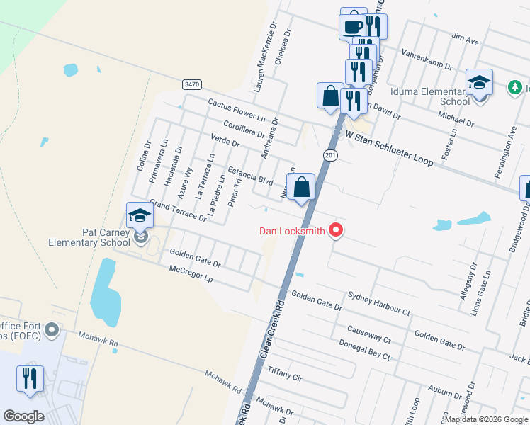 map of restaurants, bars, coffee shops, grocery stores, and more near 5301 South Clear Creek Road in Killeen