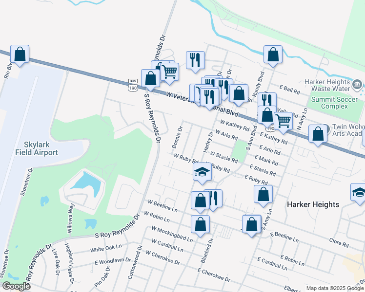 map of restaurants, bars, coffee shops, grocery stores, and more near 505 South Juanita Drive in Harker Heights