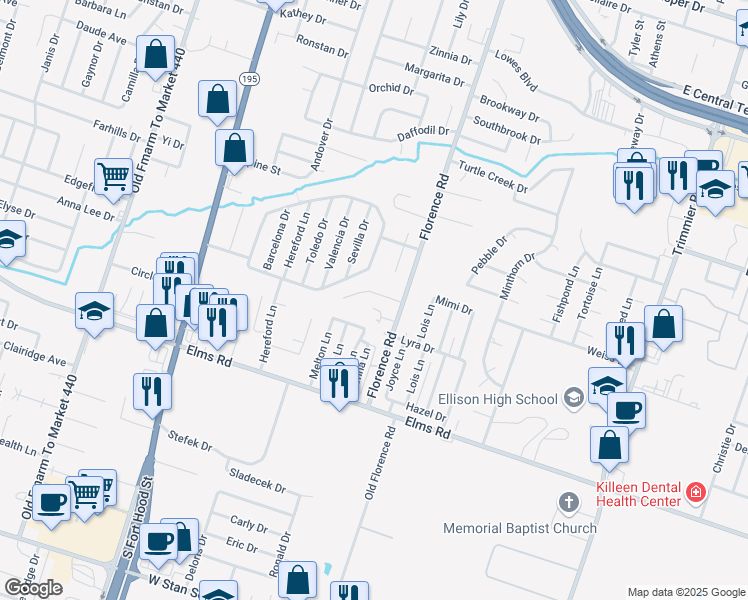 map of restaurants, bars, coffee shops, grocery stores, and more near 108 Castellon Court in Killeen