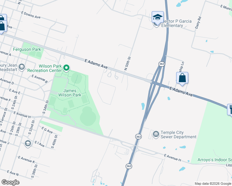 map of restaurants, bars, coffee shops, grocery stores, and more near 101 South 50th Street in Temple