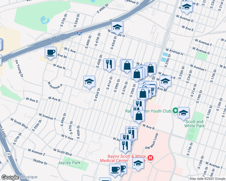 map of restaurants, bars, coffee shops, grocery stores, and more near 1516 South 39th Street in Temple