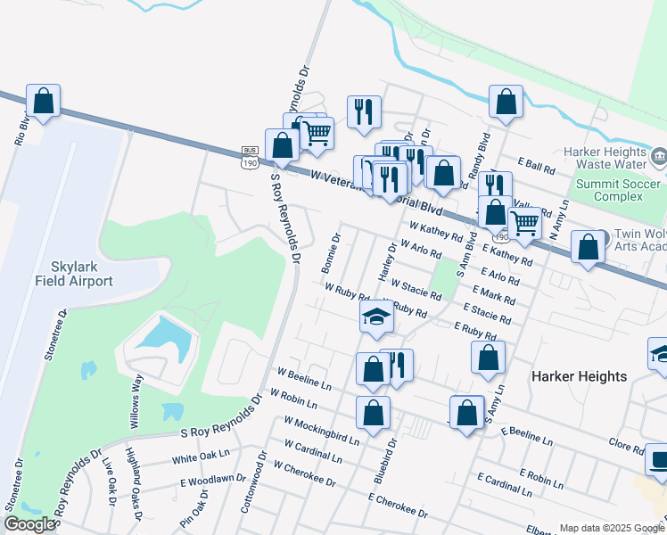 map of restaurants, bars, coffee shops, grocery stores, and more near 505 South Juanita Drive in Harker Heights