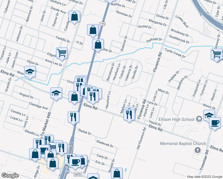 map of restaurants, bars, coffee shops, grocery stores, and more near 3707 Hereford Lane in Killeen