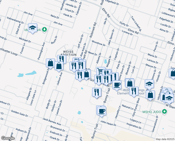 map of restaurants, bars, coffee shops, grocery stores, and more near 3801 West Stan Schlueter Loop in Killeen