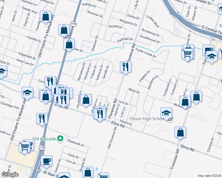 map of restaurants, bars, coffee shops, grocery stores, and more near 108 Castellon Court in Killeen