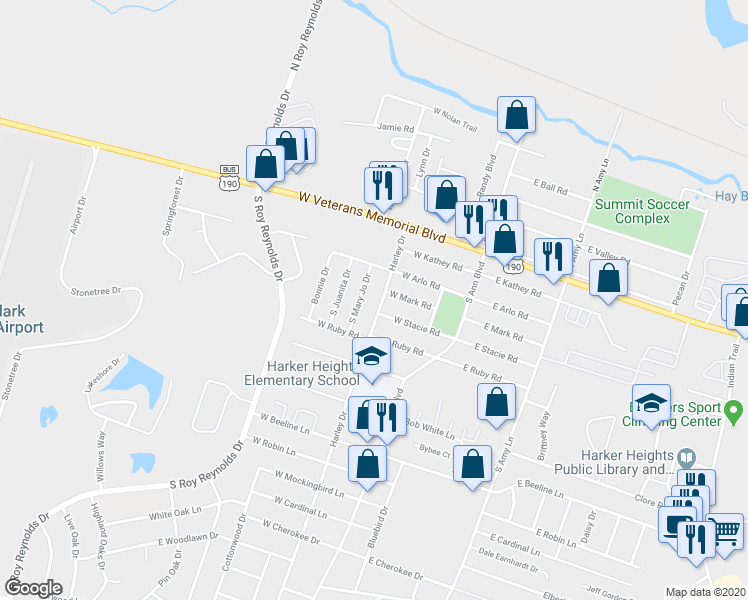 map of restaurants, bars, coffee shops, grocery stores, and more near 408 Harley Drive in Harker Heights
