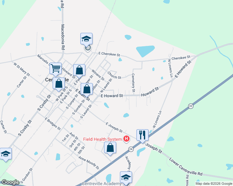 map of restaurants, bars, coffee shops, grocery stores, and more near 700-828 East Howard Street in Centreville