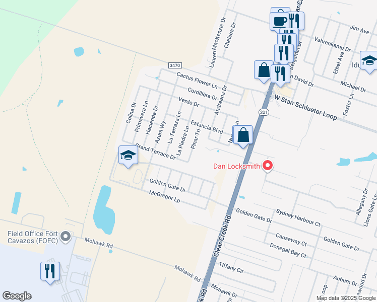 map of restaurants, bars, coffee shops, grocery stores, and more near 5309 Pinar Trail in Killeen
