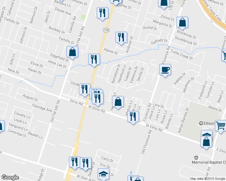 map of restaurants, bars, coffee shops, grocery stores, and more near 3707 Hereford Lane in Killeen