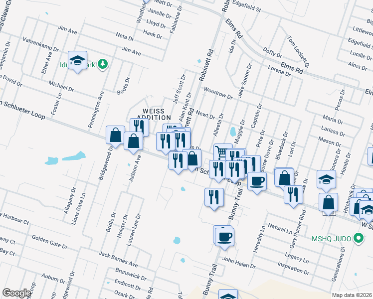 map of restaurants, bars, coffee shops, grocery stores, and more near 3801 West Stan Schlueter Loop in Killeen