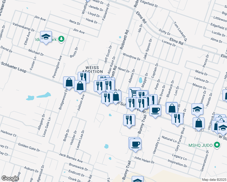 map of restaurants, bars, coffee shops, grocery stores, and more near 3801 West Stan Schlueter Loop in Killeen
