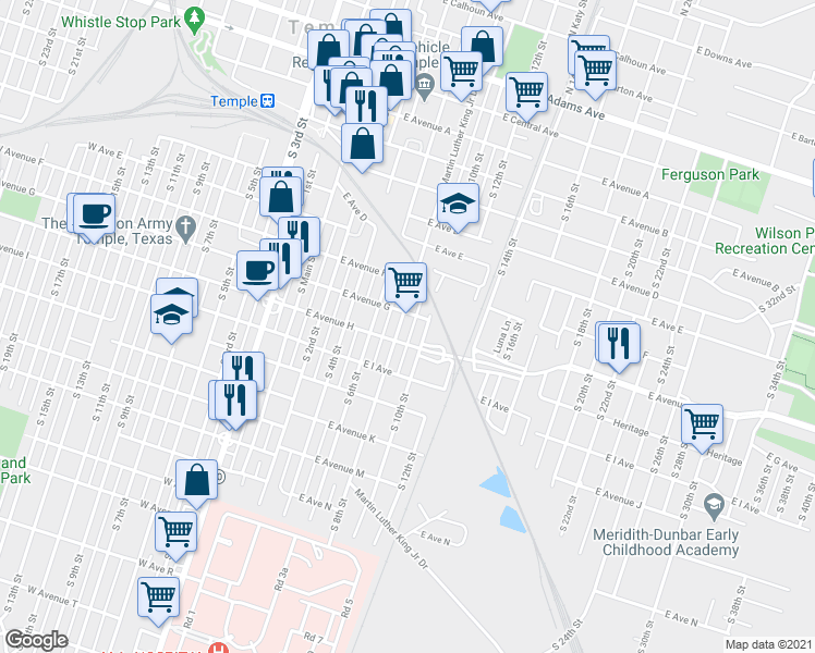 map of restaurants, bars, coffee shops, grocery stores, and more near 707 Martin Luther King Junior Drive in Temple