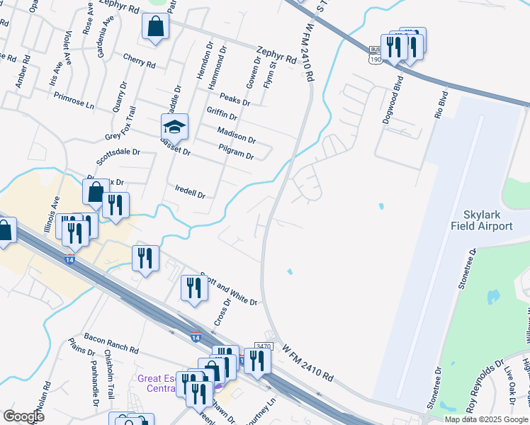 map of restaurants, bars, coffee shops, grocery stores, and more near 2102 Martin Luther King Junior Boulevard in Killeen