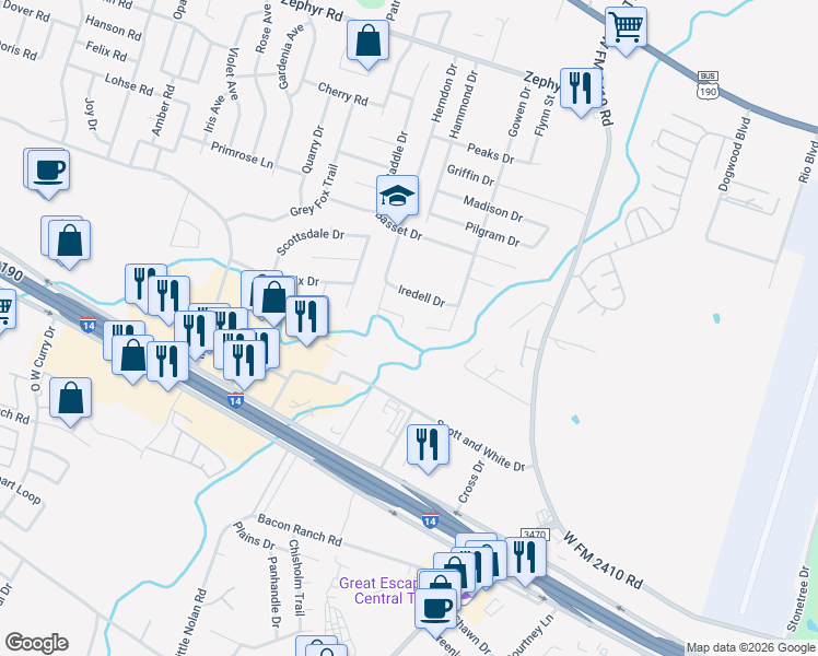 map of restaurants, bars, coffee shops, grocery stores, and more near 3706 Herndon Court in Killeen