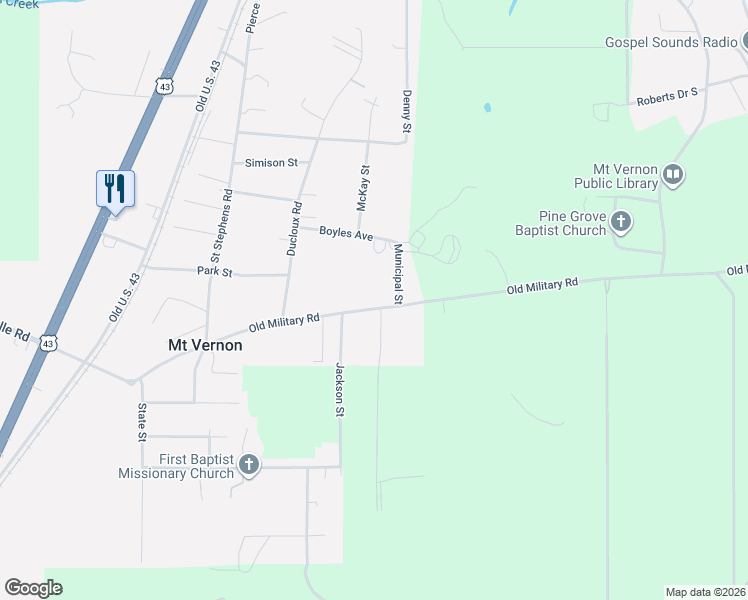 map of restaurants, bars, coffee shops, grocery stores, and more near 19000 Thompson St in Mt Vernon