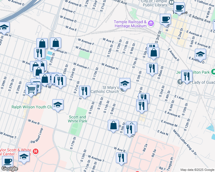 map of restaurants, bars, coffee shops, grocery stores, and more near 1001 South 13th Street in Temple