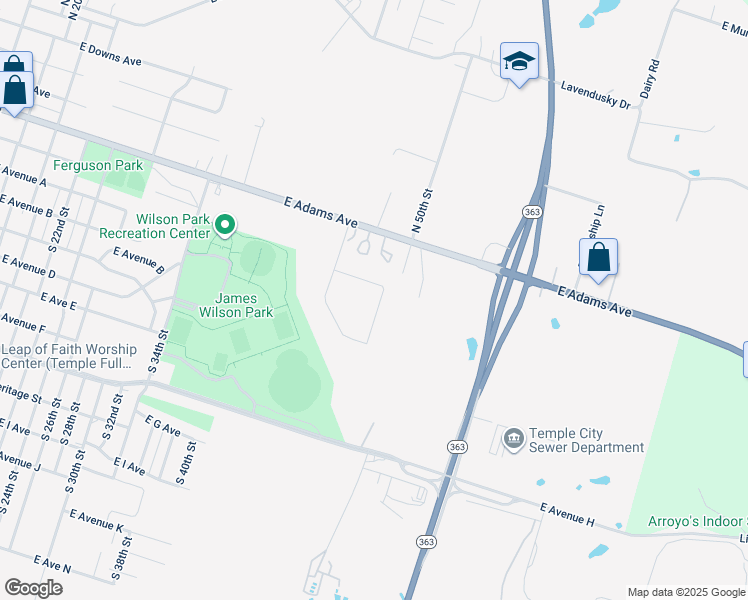 map of restaurants, bars, coffee shops, grocery stores, and more near 101 South 50th Street in Temple