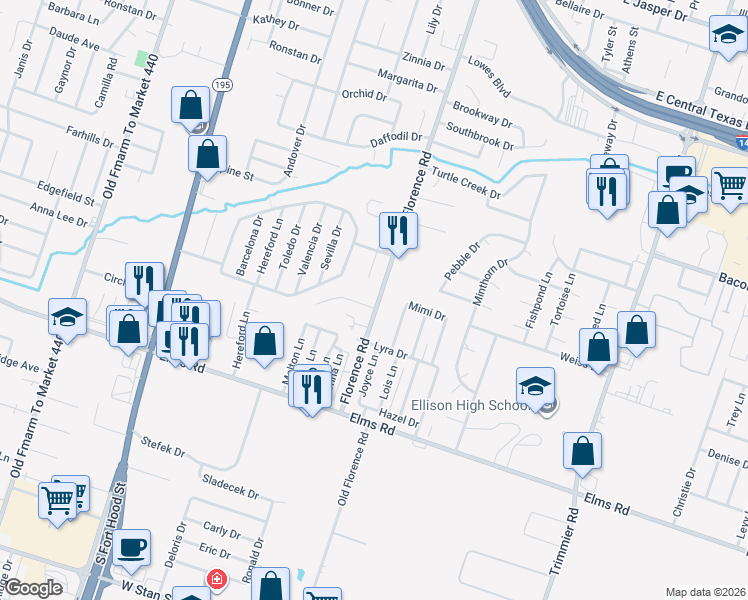 map of restaurants, bars, coffee shops, grocery stores, and more near 3502 Florence Road in Killeen