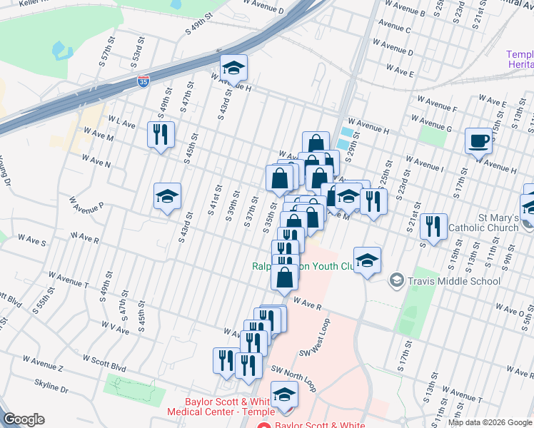 map of restaurants, bars, coffee shops, grocery stores, and more near 1405 South 35th Street in Temple