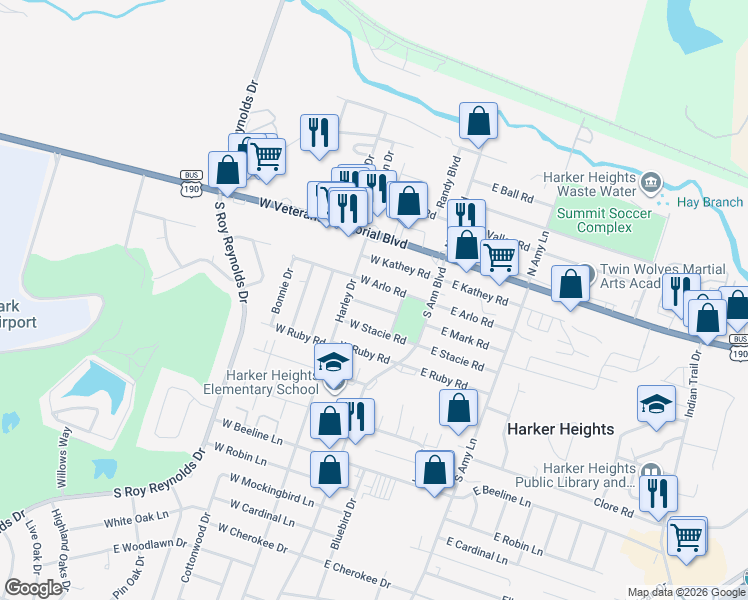 map of restaurants, bars, coffee shops, grocery stores, and more near 126 West Arlo Road in Harker Heights