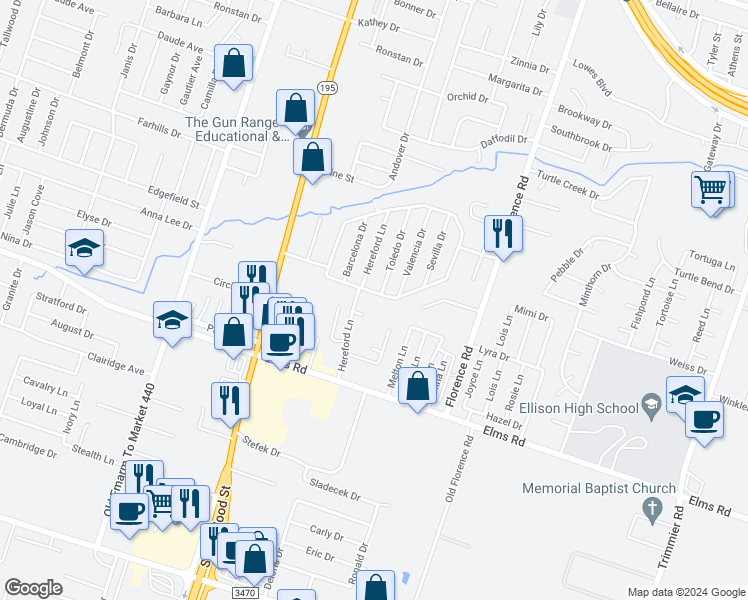 map of restaurants, bars, coffee shops, grocery stores, and more near 3308 Cantabrian Drive in Killeen